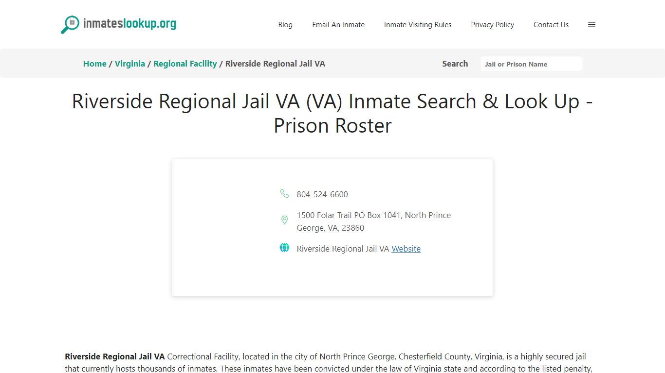 Riverside Regional Jail VA (VA) Inmate Search & Look Up - Prison Roster